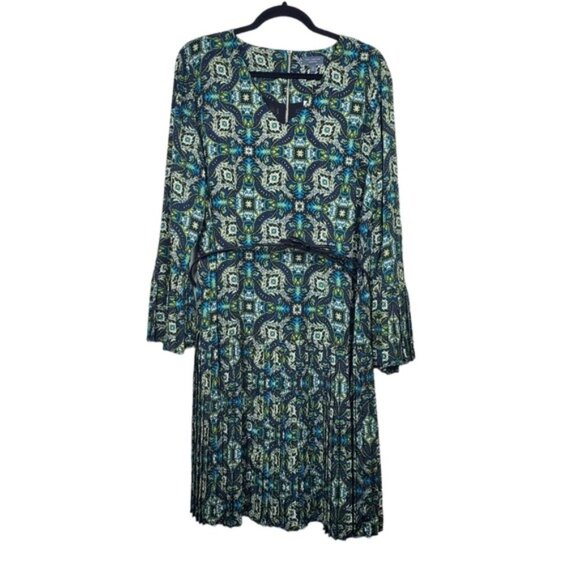 The Limited Womens Long Sleeve Green Tile Print Belted Pleated Dress Size 14 NWT - Picture 4 of 10